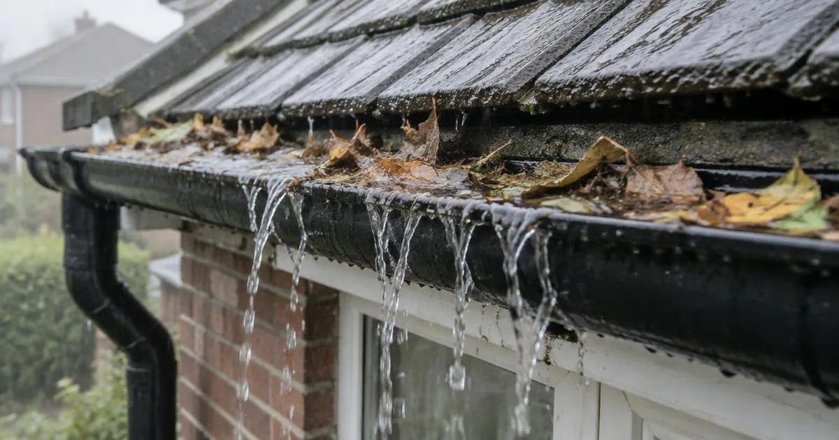 Overflowing roof guttering being assessed by Hewitson Roofing