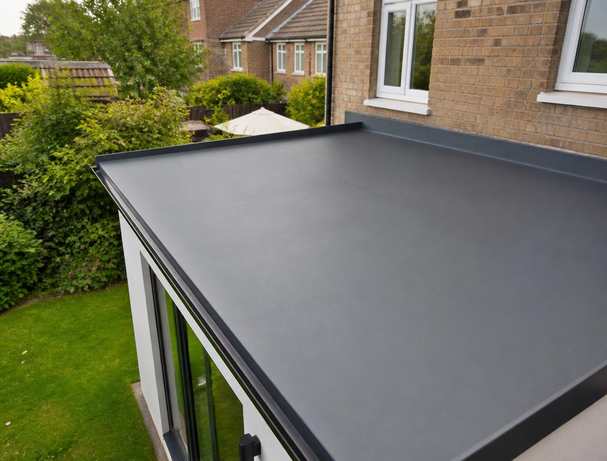 Newly installed dark grey flat roof covering on a rear extension